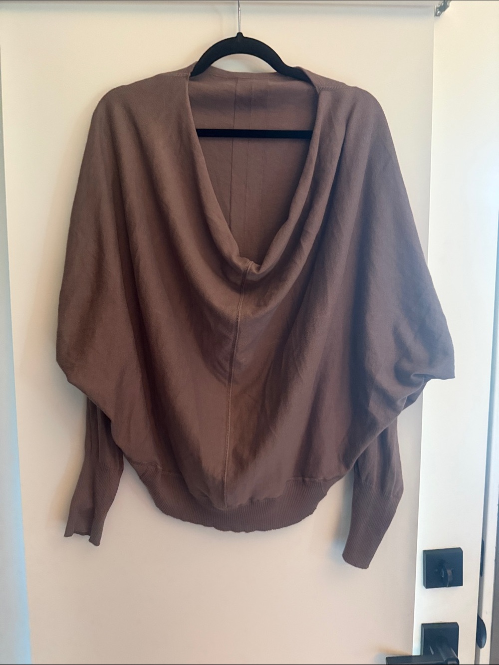 Off-the-Shoulder Draped Cowl Neck Sweater in Brown